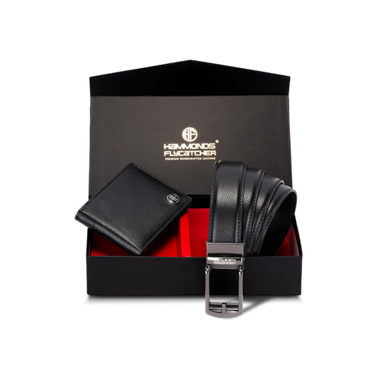 HAMMONDS FLYCATCHER Gift for Men Combo - Genuine Leather Wallet and Belt Combo Box - Leather Belt- Birthday Special & Unique Gift Ideas for Husband, Boyfriend, Teachers, Father - Blics Black
