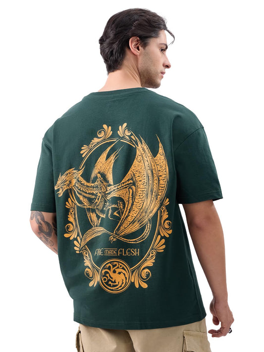 The Souled Store Official House of Dragon: Fire Made Flesh Men and Boys Short Sleeves Round Neck Green Graphic Printed Cotton Oversized T-Shirts