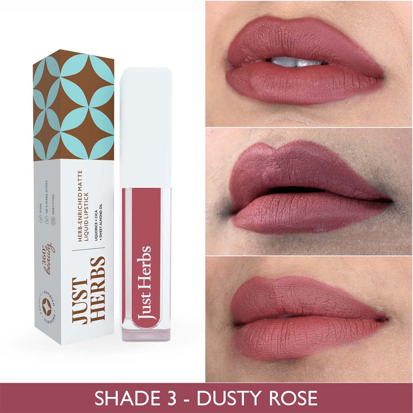 Just Herbs Ayurvedic Creamy Matte Long Lasting Liquid Lipstick, Lightweight & Hydrating Lip Colour with Liquorice & Sweet Almond Oil - Dusty Rose