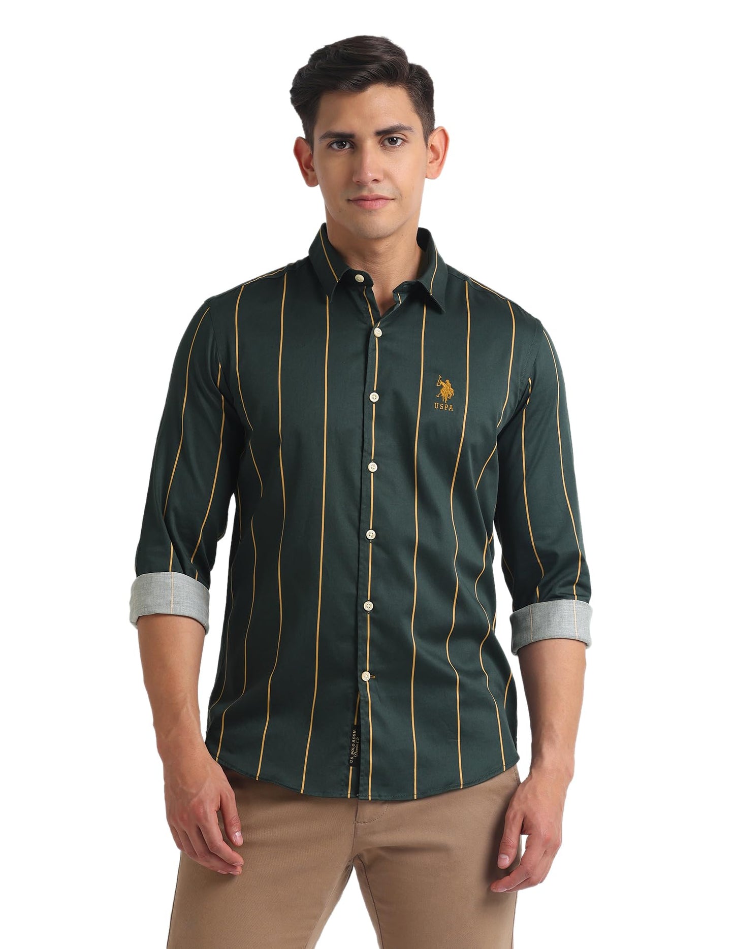 U.S. POLO ASSN. Men's Cotton Striped Slim Fit Shirt (UDSHT1142_Green, Large