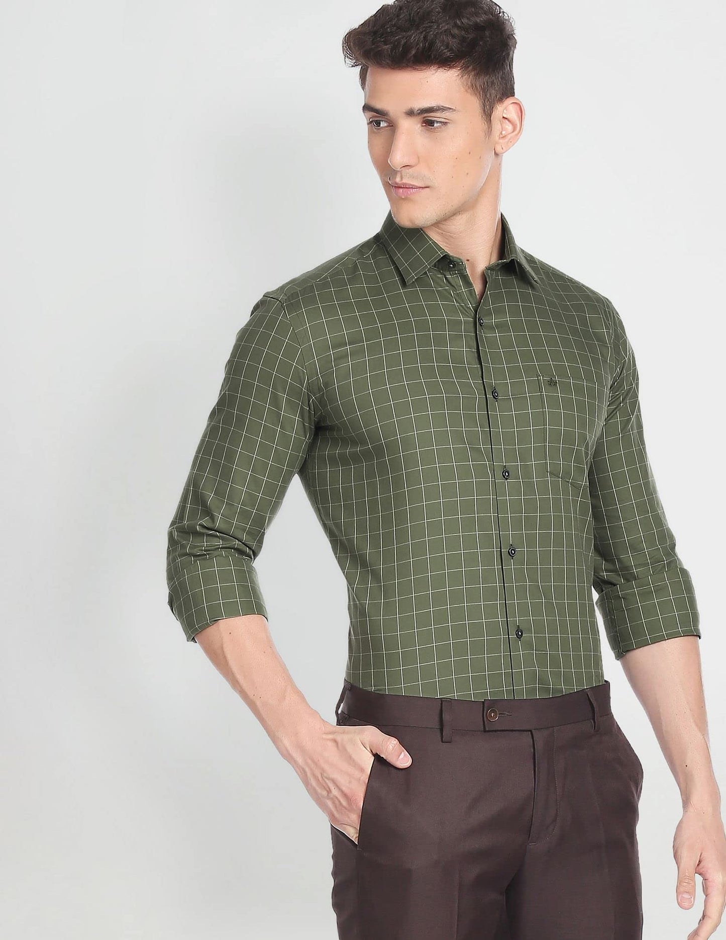 Arrow Men's Checkered Full Sleeve Slim Fit Cutaway Collar Cotton Formal Shirt (ARADOSH1244_Dark Green_40)