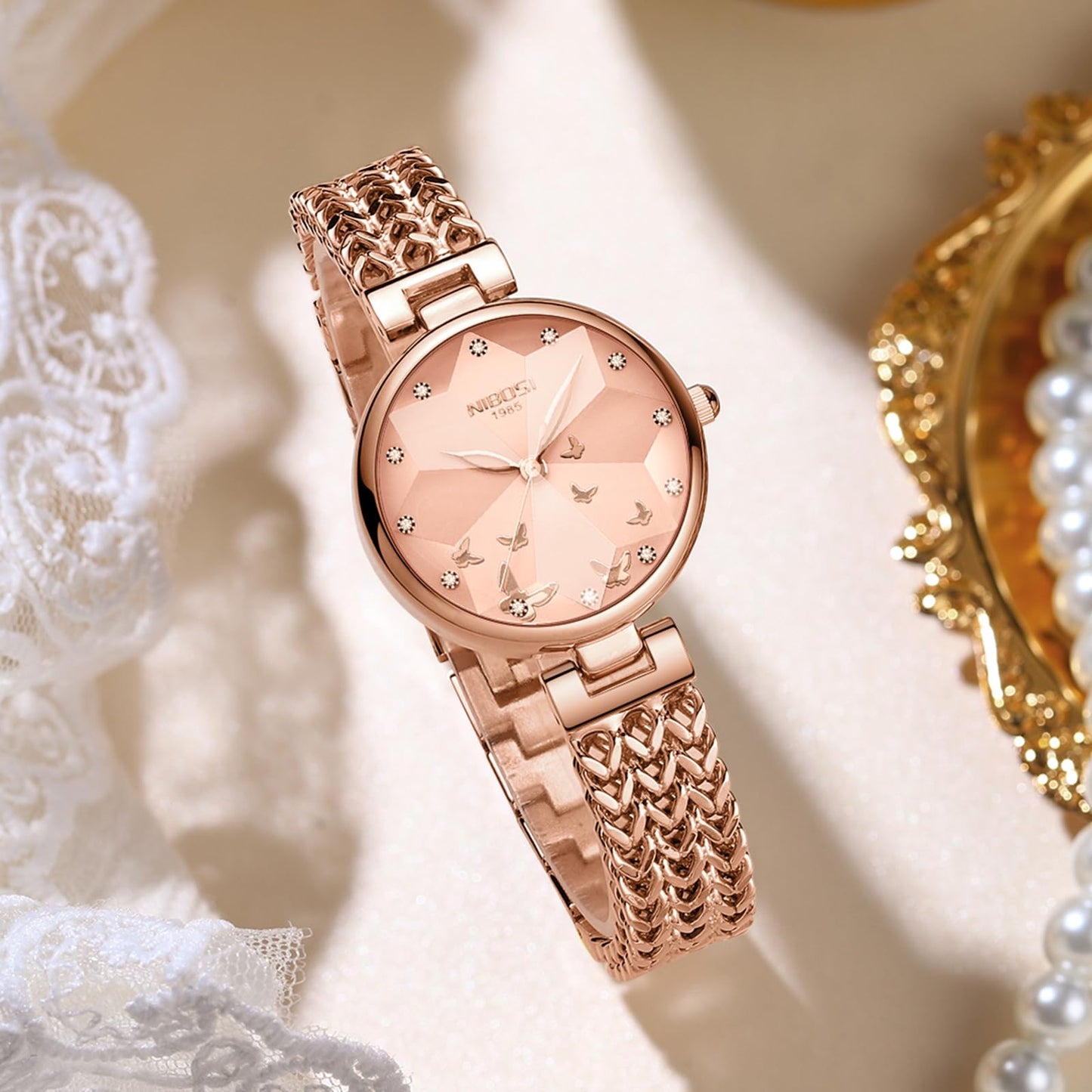 NIBOSI Watch for Woman Analog Quartz Rose Gold Stainless Steel Mesh Band Women Watches Stylish Diamond Wrist Watch Waterproof (Rose Gold-B)