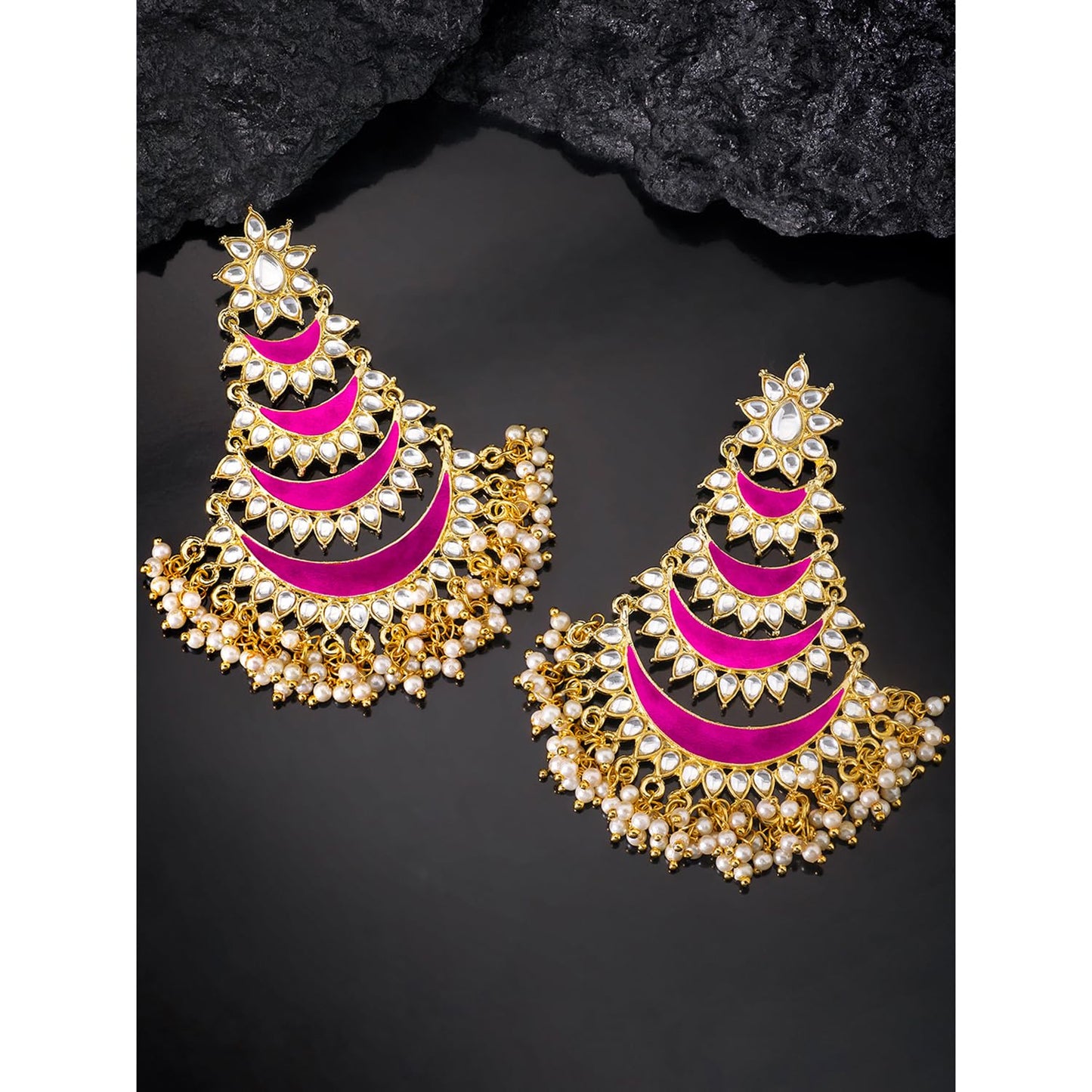 Peora Gold Plated Rani Pink Kundan & Lariya Studded Dangle Earrings Ethnic Jewellery for Women