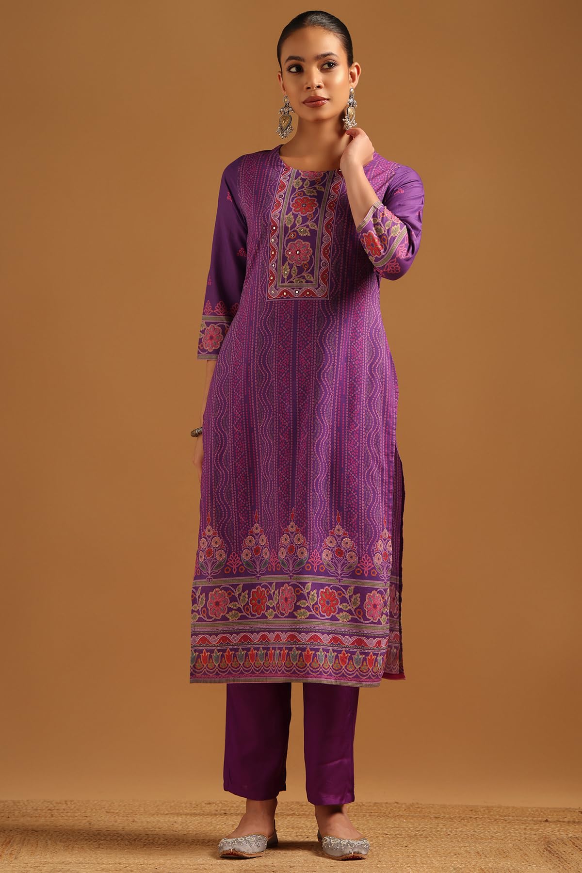 Soch Womens Purple Cambric Bandhani Salwar Suit With Faux Mirror