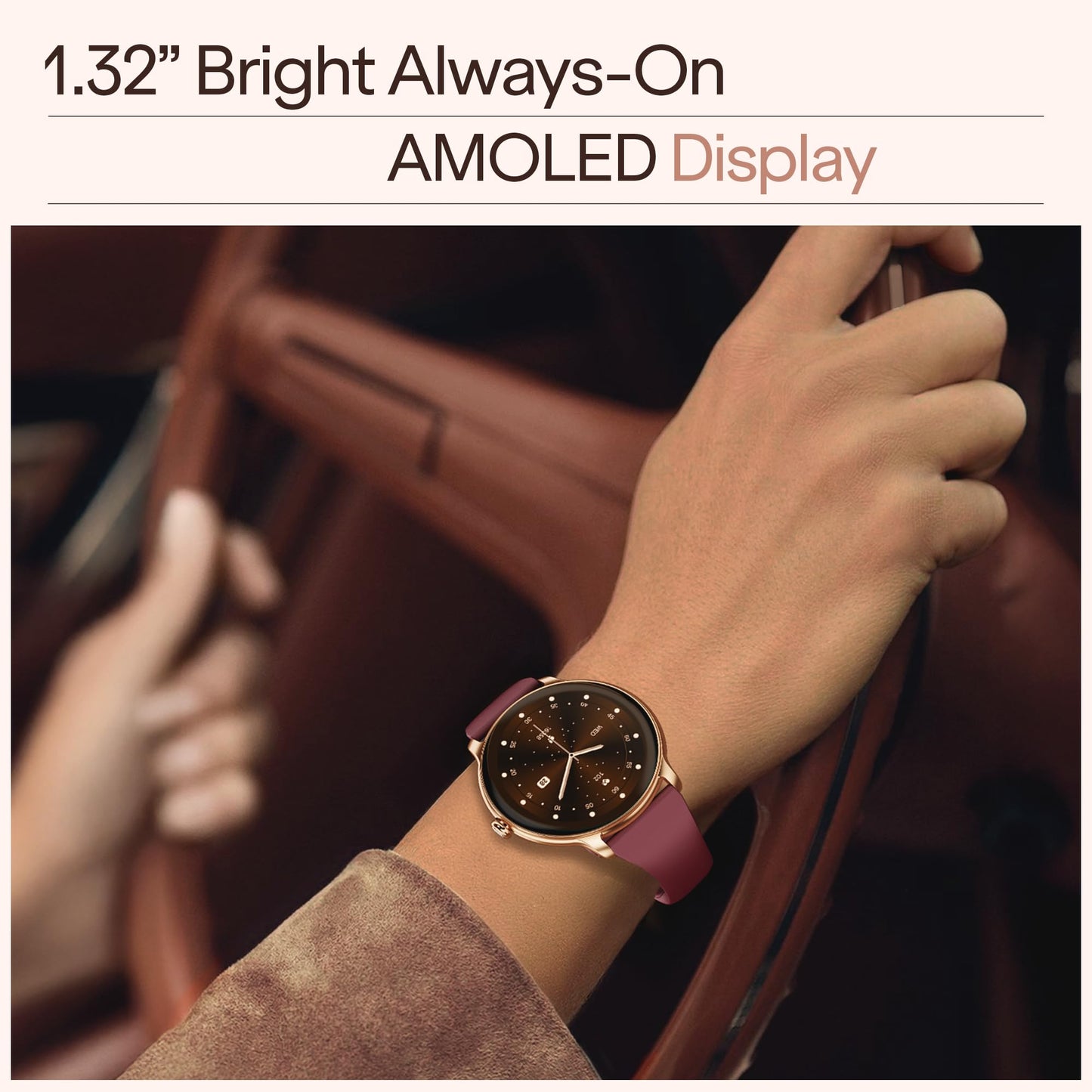 Boat Chrome Iris Fashion Smart Watch for Women - Elegant Ultra-Sleek Dial, Light-Weight Metal Body, 1.32" AMOLED Display, 1000 Nits, AOD, Female Wellness Tracking Watch for Woman (Velvet Wine)