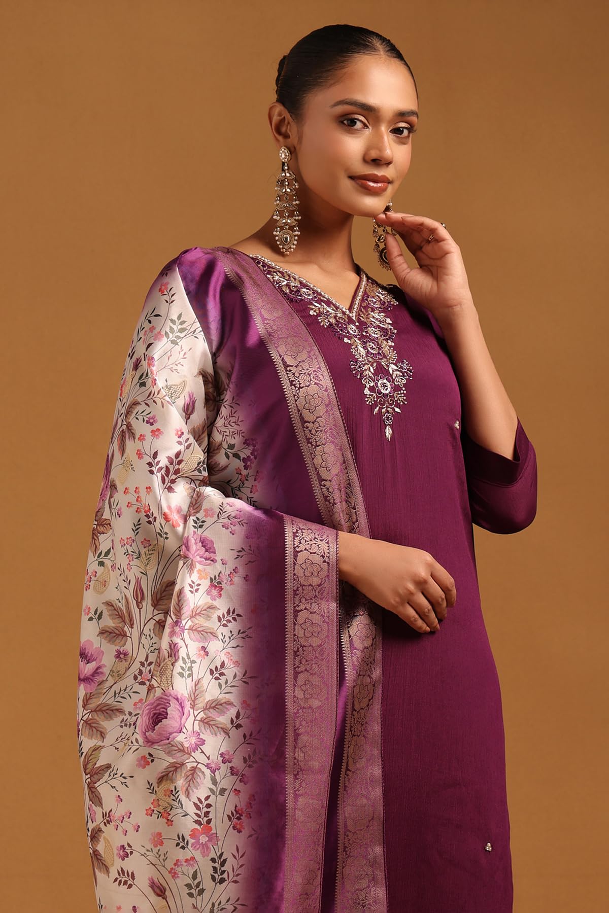 Soch Womens Purple Chinon Floral Salwar Suit With Beads And Stones