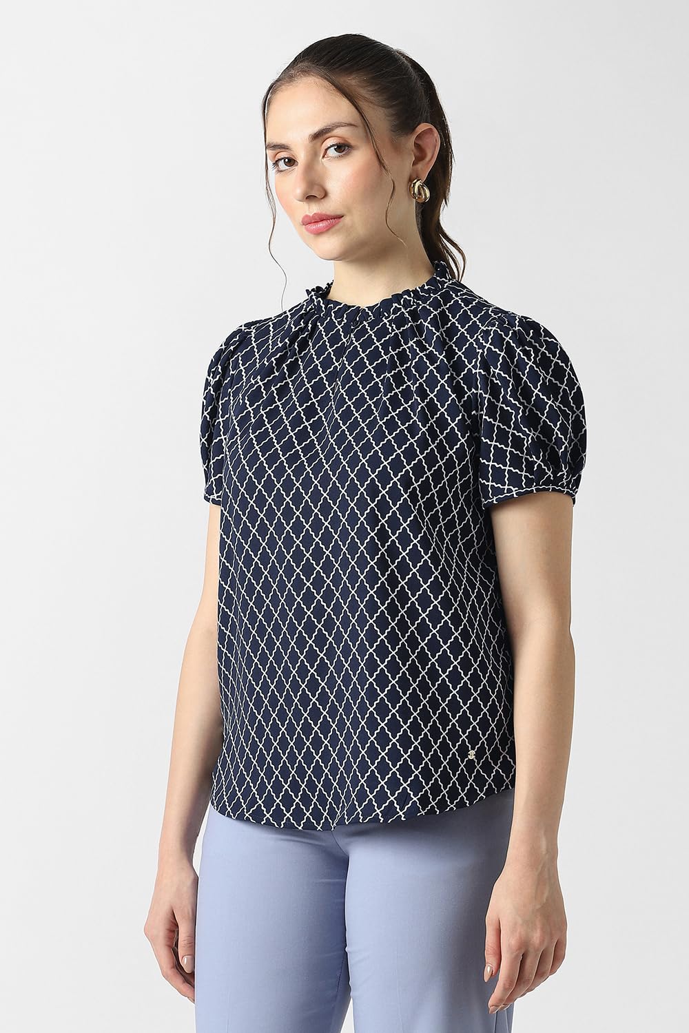 Women Navy Print Formal Round Neck Top