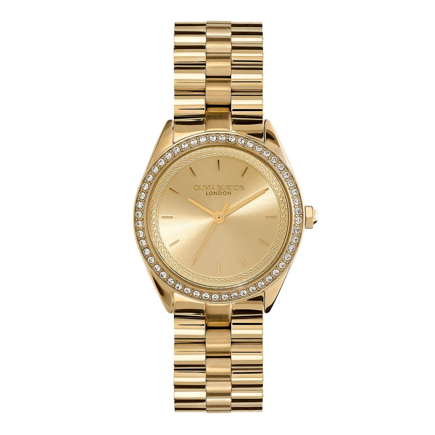 Olivia Burton Bejewelled Qtz Basic Light Gold Round Dial Women's Watch|Ionic Plated Thin Gold Steel Material|Gold Color Band - 24000135