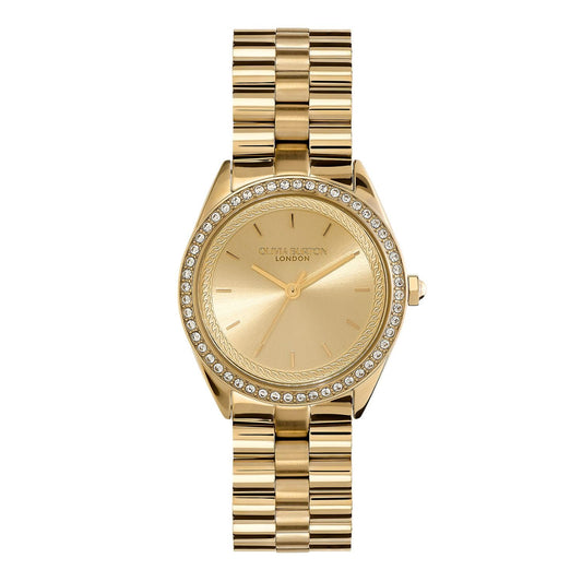 Olivia Burton Bejewelled Qtz Basic Light Gold Round Dial Women's Watch|Ionic Plated Thin Gold Steel Material|Gold Color Band - 24000135