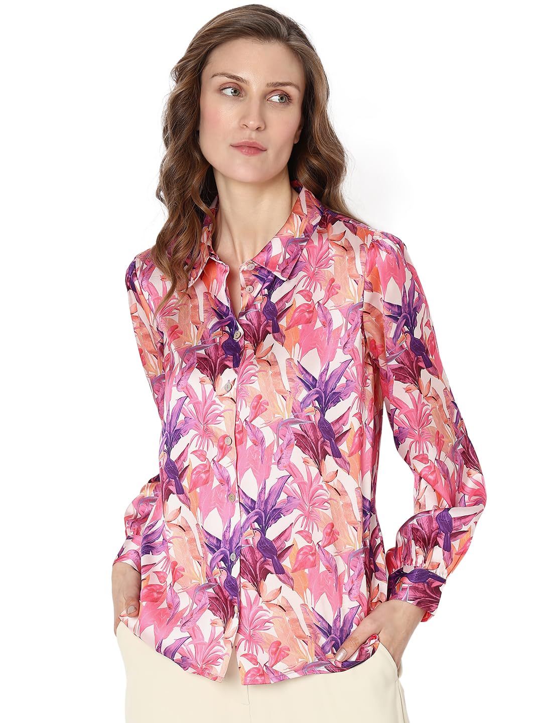 VERO MODA Women Tropical Polyester Regular Fit Pink Shirt