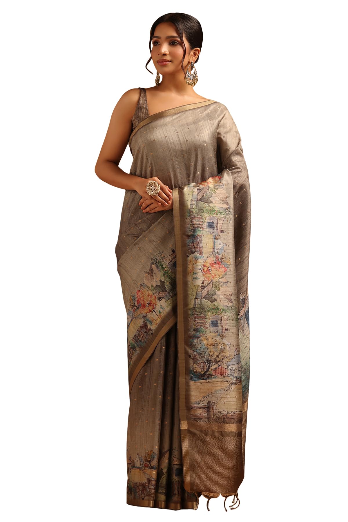 Soch Womens Olive Tussar Botanical Saree With Zari Woven