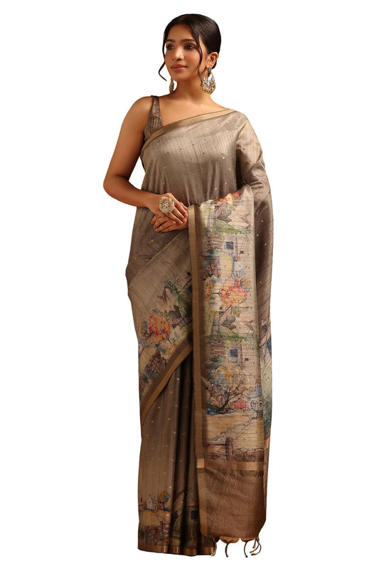 Soch Womens Olive Tussar Botanical Saree With Zari Woven
