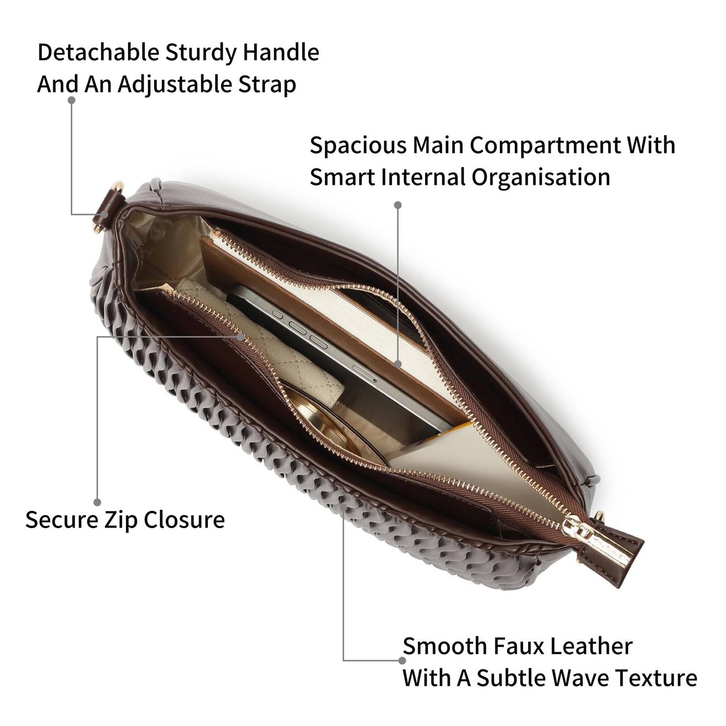 Fastrack Brown Wave Shoulder Bag for Women | Faux-Leather Handbag | Dual-Carry Shoulder & Crossbody Sling | Spacious Everyday Bag with Organizer Pockets