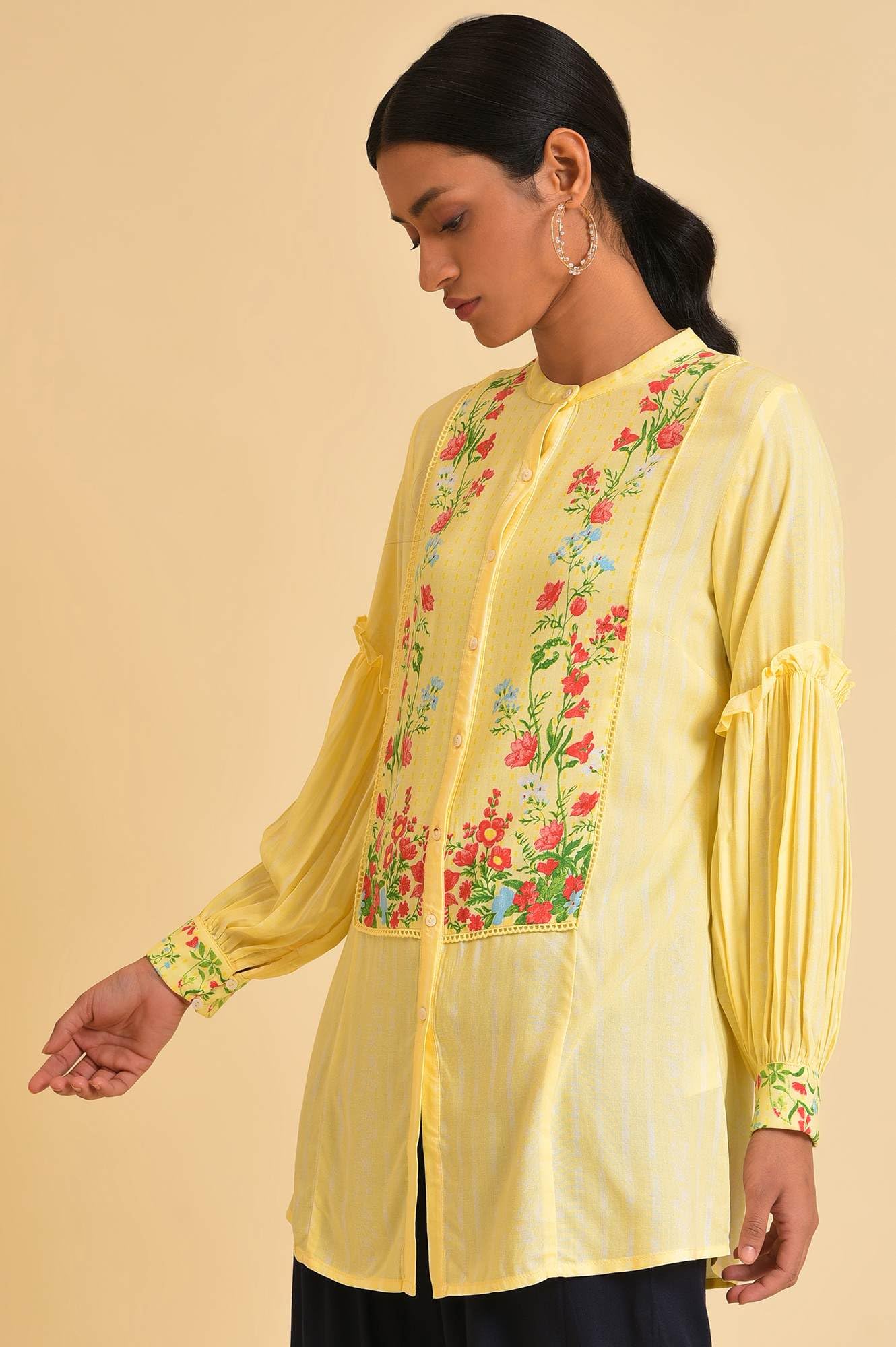 W for Woman Yellow Floral Printed Top (Size: XS)-23FEW31316-119859