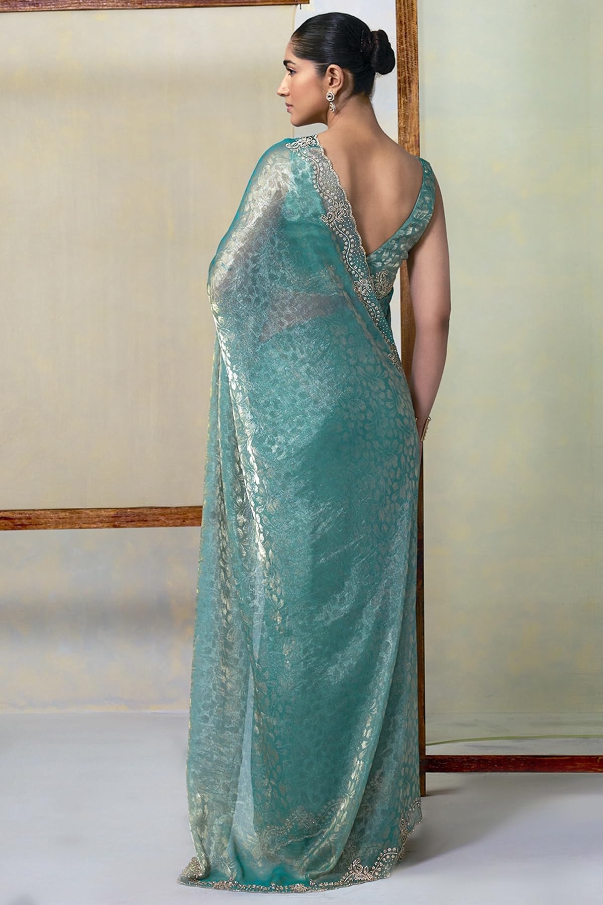 Soch Womens Teal Blue Fendy Chiffon Woven Design Saree With Stone Work