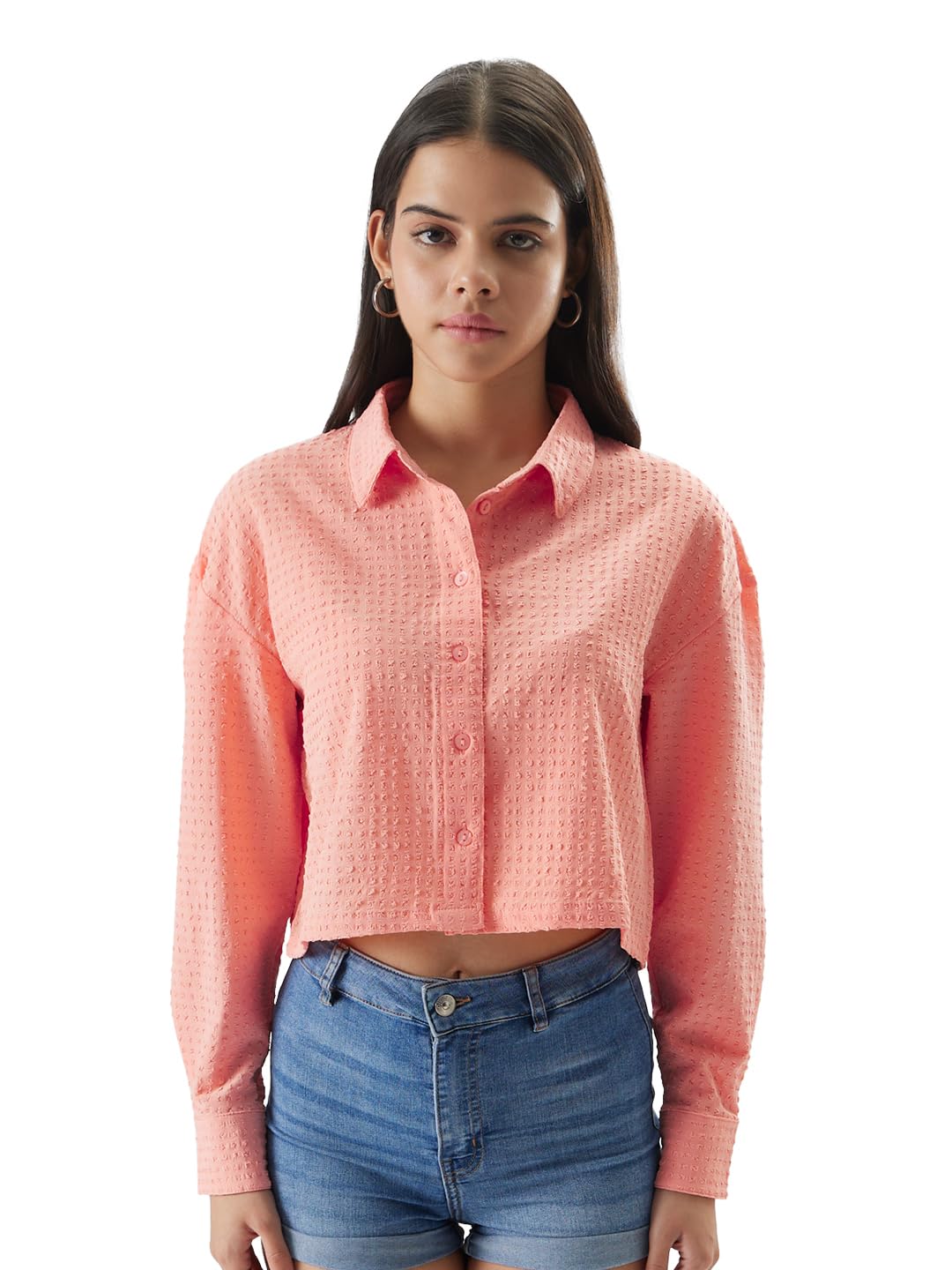 The Souled Store Original Pink Pixels Cotton Cropped Shirts for Women Cropped Shirts Fashionable Trendy Graphic Prints Pop Culture Merchandise Shirts Casual Button-Down Half Sleeve Printed Graphic