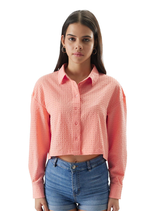 The Souled Store Original Pink Pixels Cotton Cropped Shirts for Women Cropped Shirts Fashionable Trendy Graphic Prints Pop Culture Merchandise Shirts Casual Button-Down Half Sleeve Printed Graphic