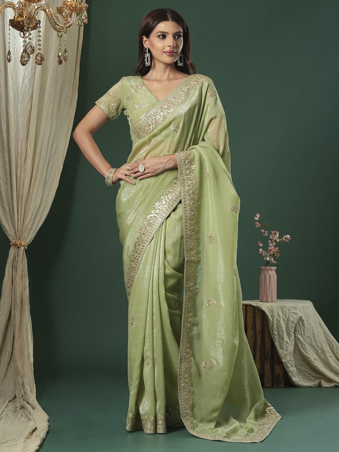 SAREE MALL Women's Light Green Satin Silk Embroidered Saree With Unstitched Blouse (KRIYNS5001_KH)