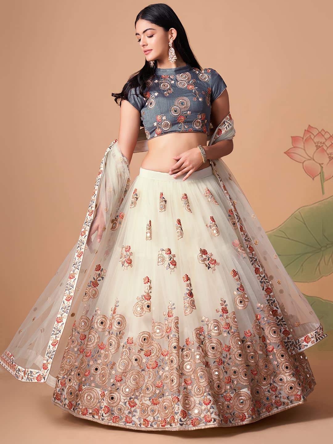 Zeel Clothing Women's Net Embroidered Semi-Stitched Bridal New Lehenga Choli with Dupatta (7322-OffWhite-Wedding-Bridal-Latest; Free Size) (Off-White)