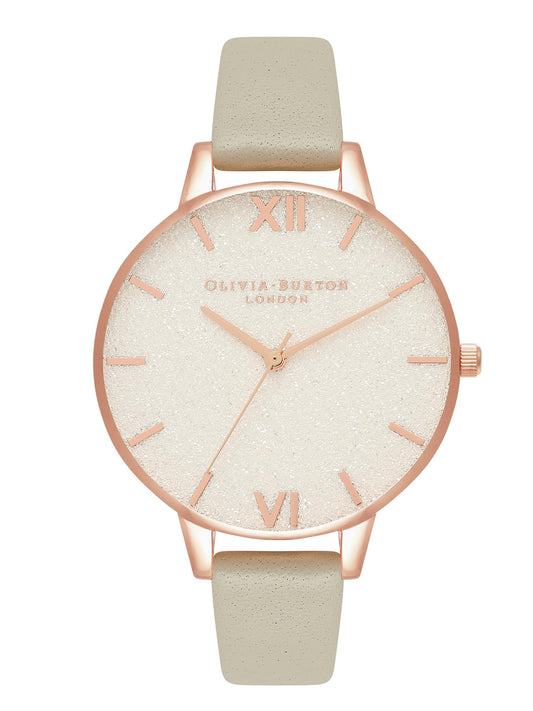 Olivia burton Glitter Dial Qtz Basic Slim White Glitter Round Dial Women's Analog Watch|Steel Grey Leather Material|Grey Color Band - OB16GD89