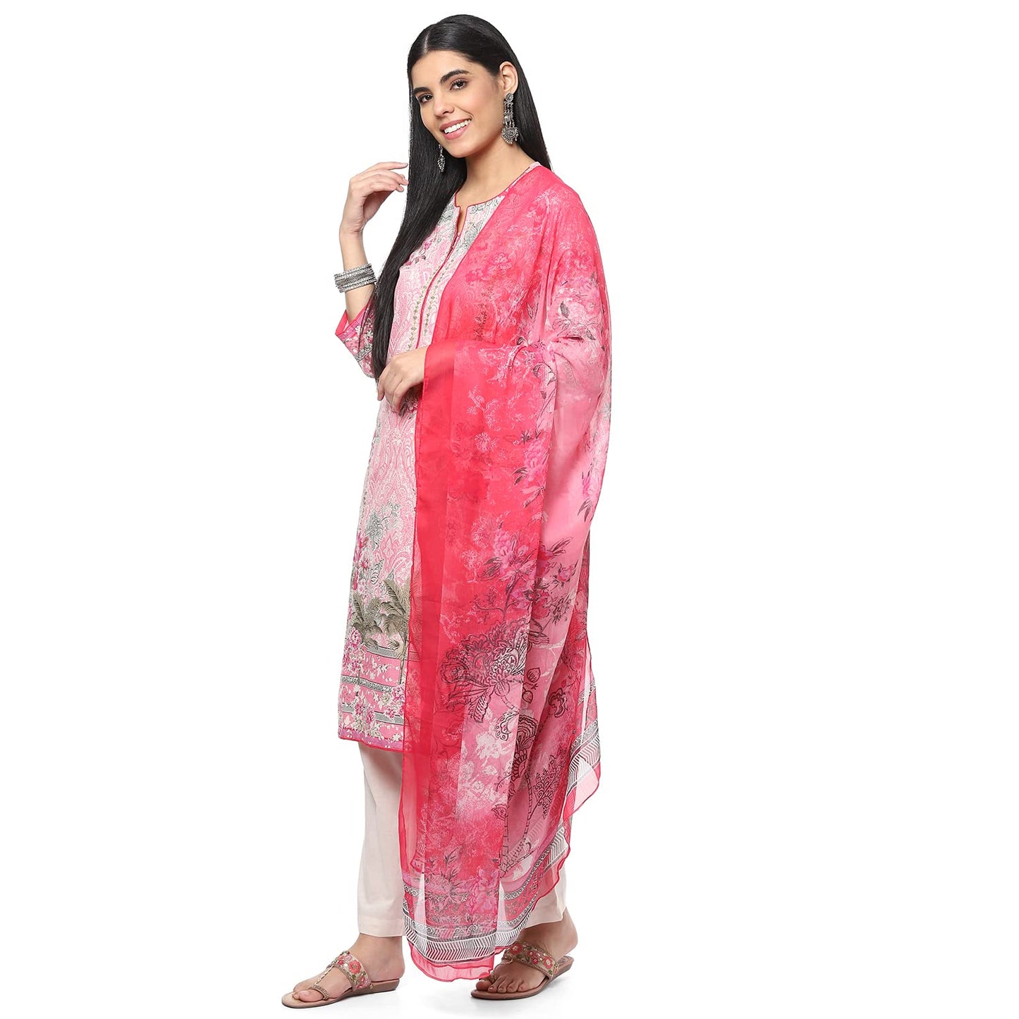 BIBA WOMEN PRINTED NARROW SALWAR KURTA DUPATTA(SKDGARDENIA8517_PINK_34)