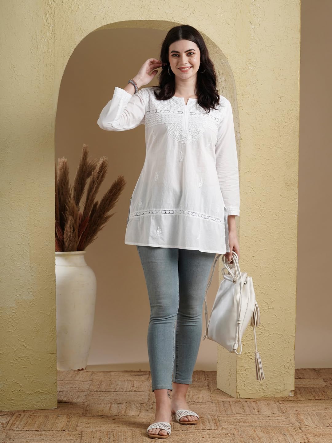 Ada Handmade Pure Cotton Lucknow Chikan Regular Fit Short Kurti for Women A100595 White (Medium)