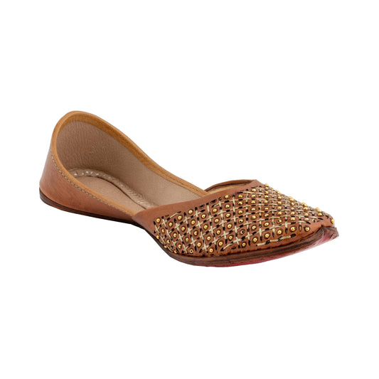 KORAKARI Women's Traditional Ethnic Amber Punjabi Jutti, Leather Flat Comfortable Mojaris for Girls (Size: UK3, Tan)