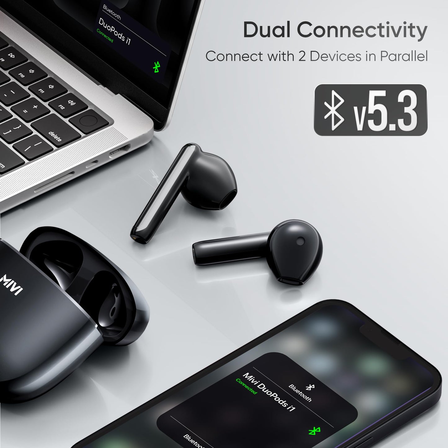 Mivi DuoPods i1 True Wireless Earbuds, 45+ Hrs Playtime, HD Call Clarity, Fast Charging, Type C, 13mm Bass Drivers, IPX 4.0 Sweat Proof, BT v5.3, Made in India Earbuds