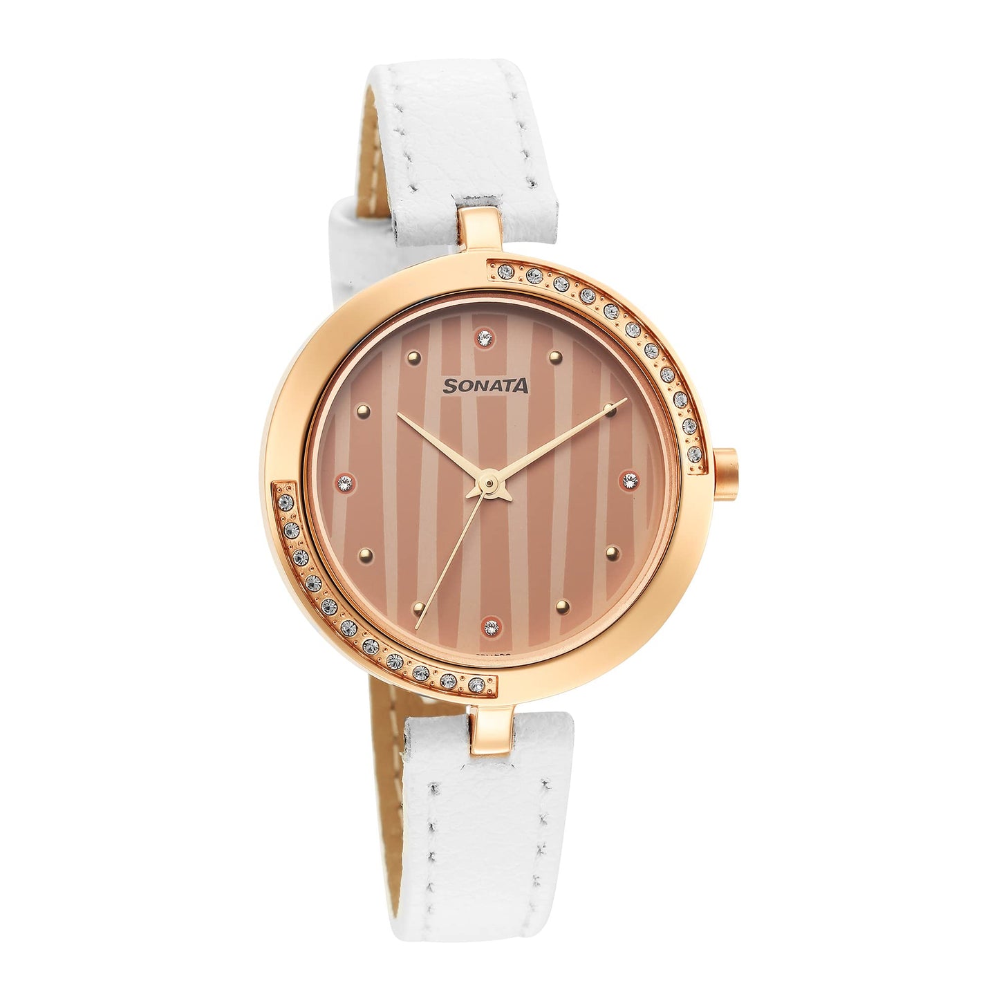 Sonata Utsav Rose Gold Dial White Leather Strap Analog Watch for Women-NR8184WL01