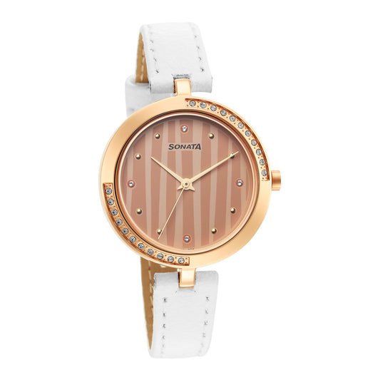 Sonata Utsav Rose Gold Dial White Leather Strap Analog Watch for Women-NR8184WL01