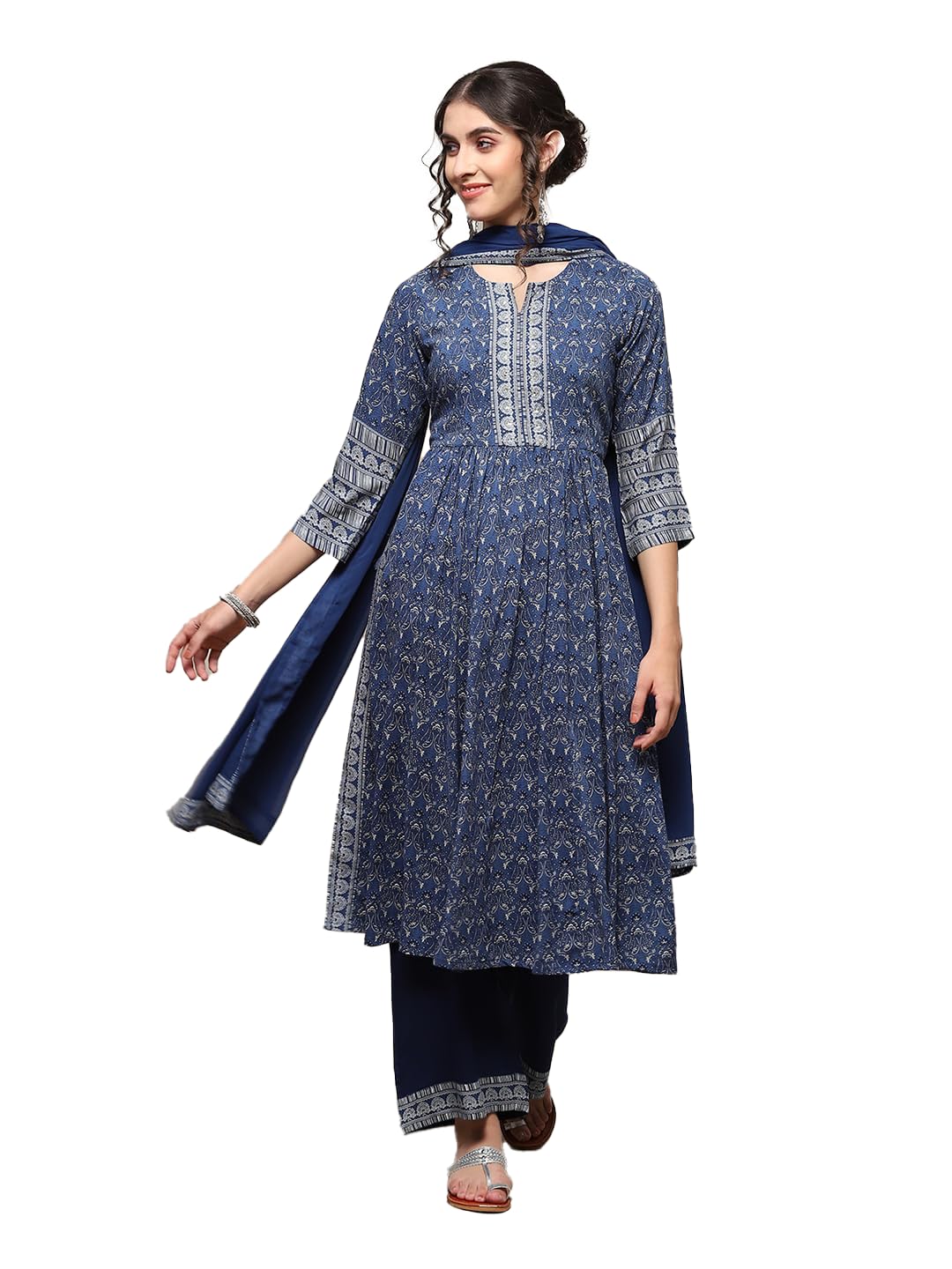 BIBA WOMEN PRINTED STRAIGHT SALWAR KURTA DUPATTA(SKDASSORTED7518_BLUE_36)