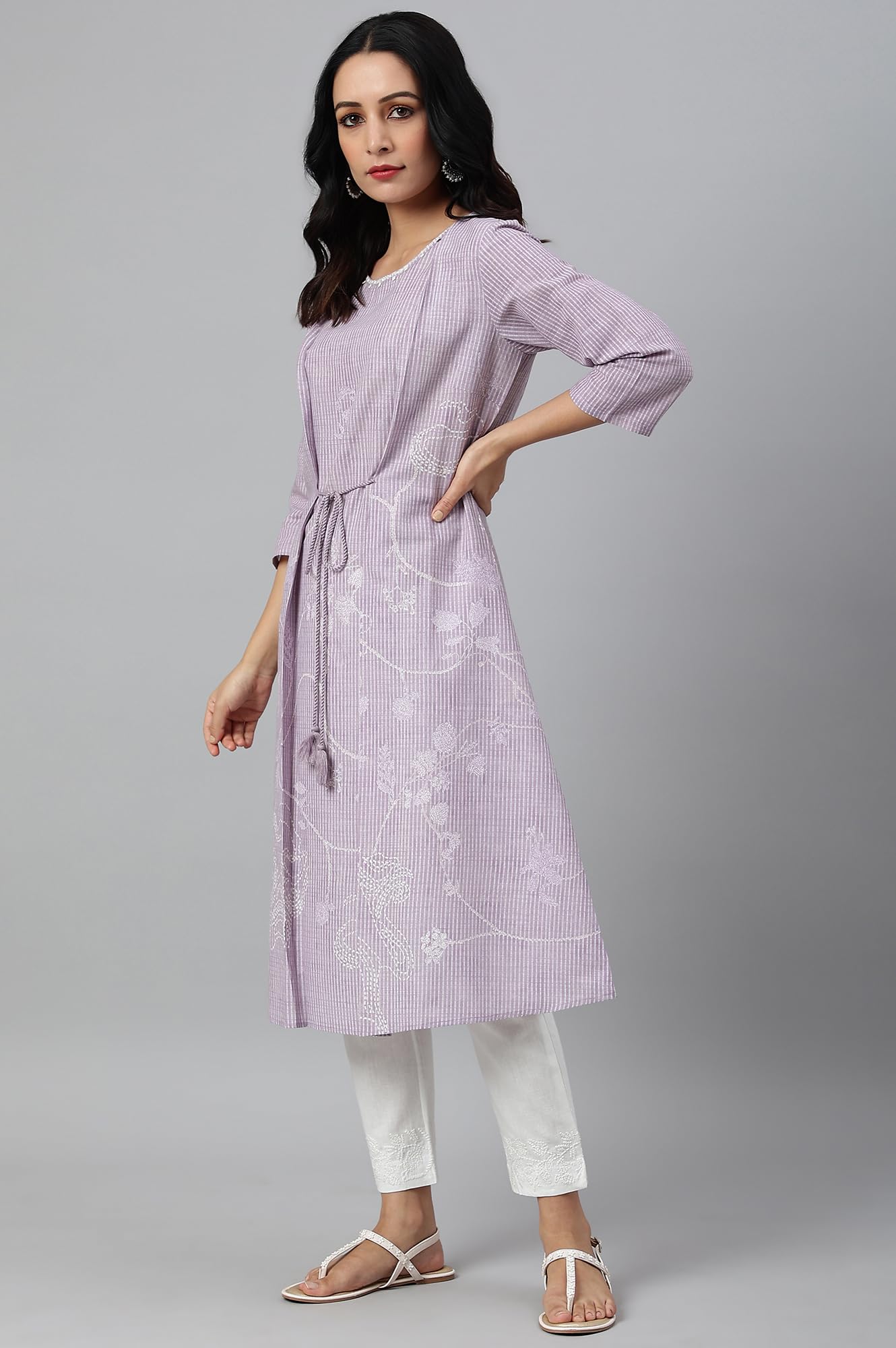 W for Woman Lilac Embroidered Mock Layer Kurta