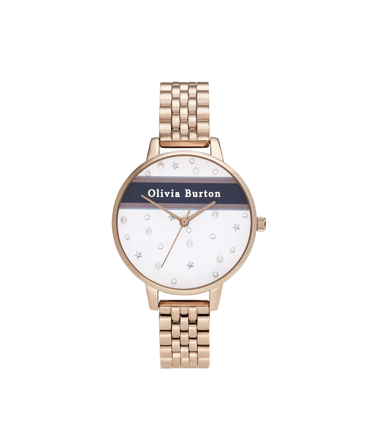 Olivia burton Varsity Qtz Basic White & Fake Pearl & Stone Round Dial Women's Watch|Ionic Plated Rose Gold Steel Material|Gold Color Band - OB16VS06