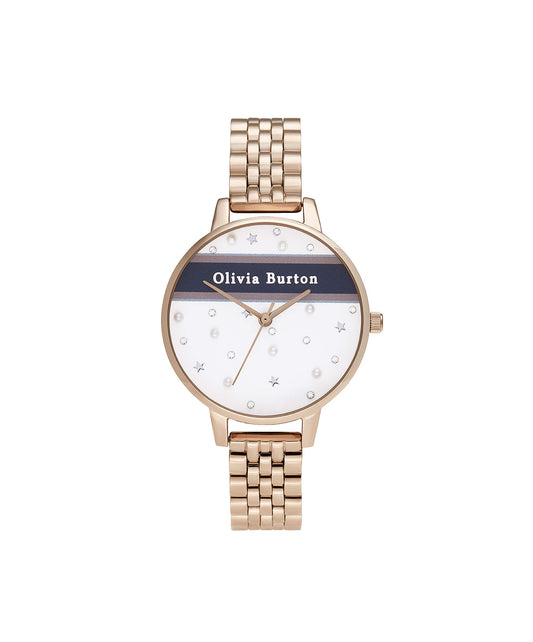 Olivia burton Varsity Qtz Basic White & Fake Pearl & Stone Round Dial Women's Watch|Ionic Plated Rose Gold Steel Material|Gold Color Band - OB16VS06