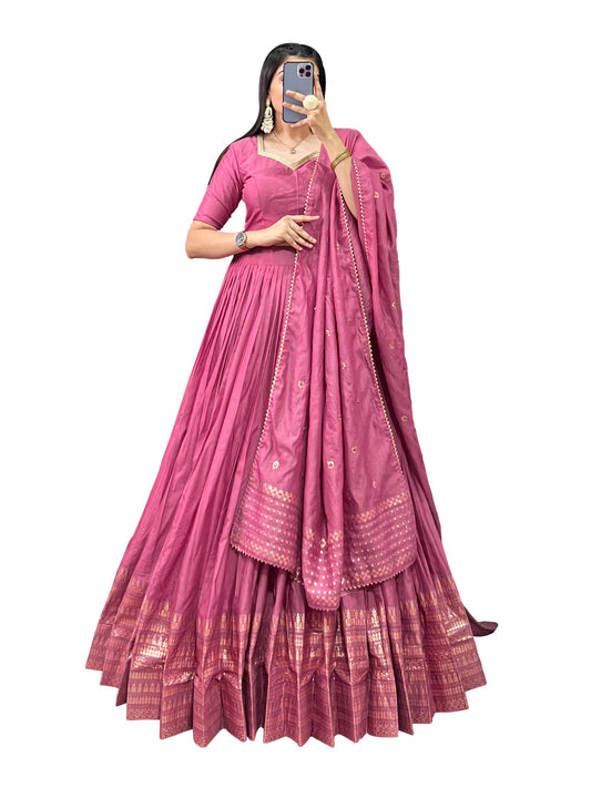 LooknBook Art Women's Plain Chanderi With Zari Weaving Work Border Lehenga Choli (Pink)