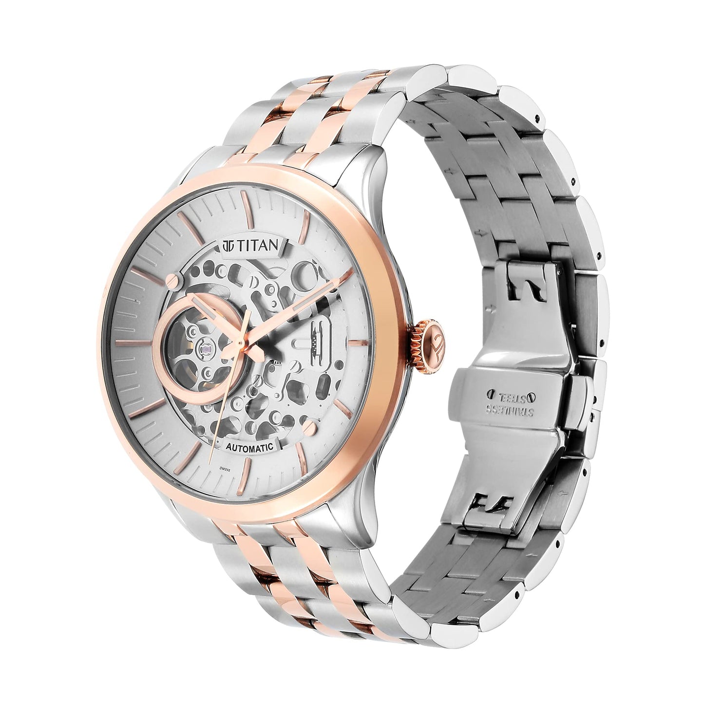 Titan Metal Mechanicals Automatic White Dial Two Toned Silver and Rose Gold Stainless Steel Strap Watch for Men - NT90140KM01