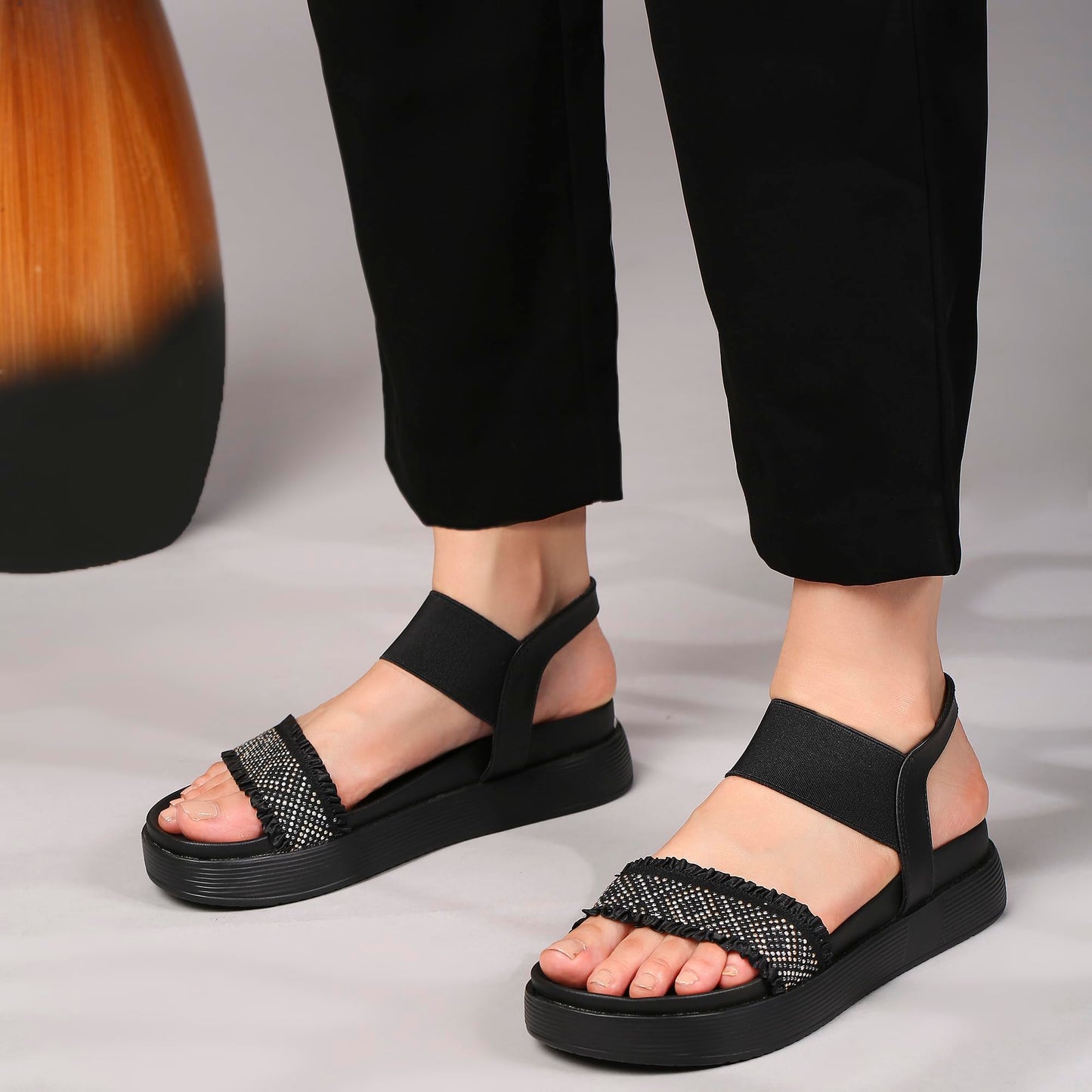 KENNETH COLE Women's Flatform Sandal | Premium Synthetic Upper | Ladies Open-Toe, Slingback Design, Cushioned Footbed | Beaded-Embellished Strap, Ruffled Edges | Black