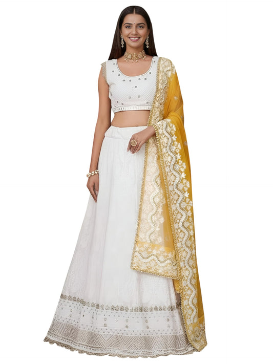 Zeel Clothing Women's Sequins Thread Embroidered Work Georgette Semi-Stitched Lehenga Choli With Dupatta (6018-White-Wedding-Lehenga-Choli, Free size) (White)