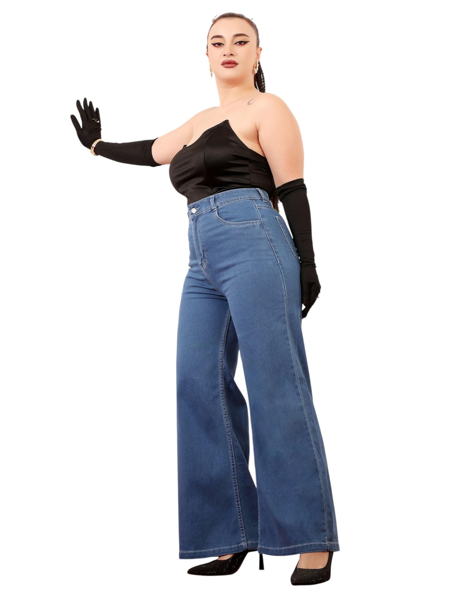 Miss Chase A+ Women's Wide Leg High Rise Regular-Length Stretchable Denim Jeans (APSS23DEN12-53-886-28, Indicolite Blue, 28)