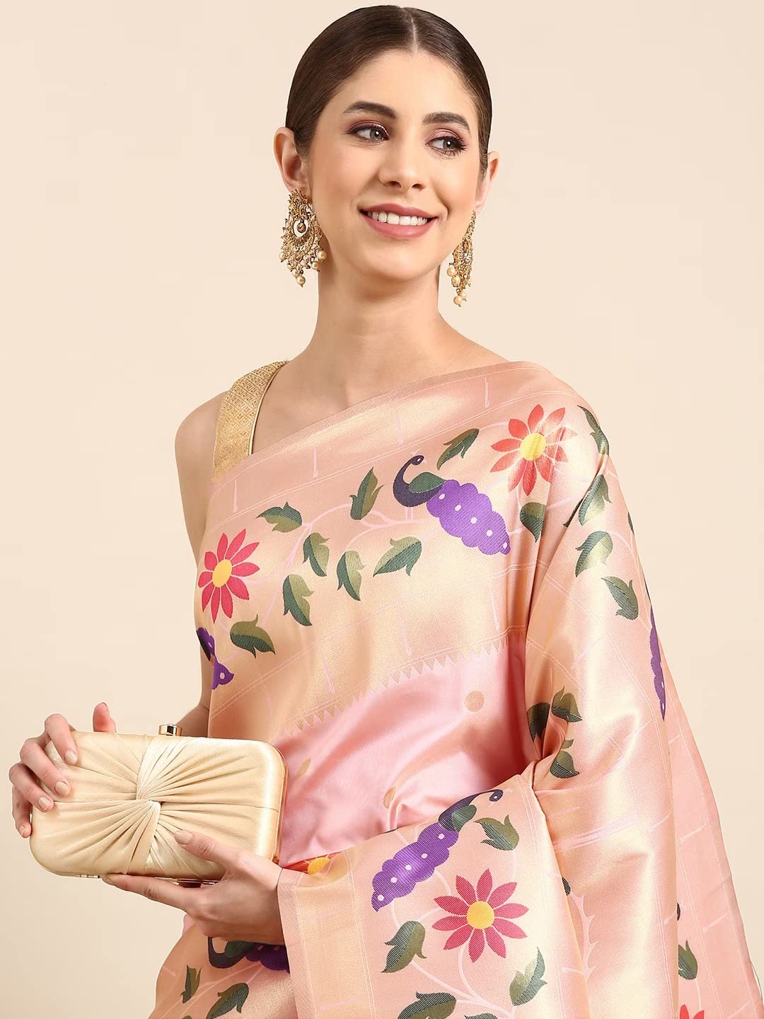 Pandadi Saree Women's Paithani Silk Saree With Unstitched Blouse Piece, Light Pink