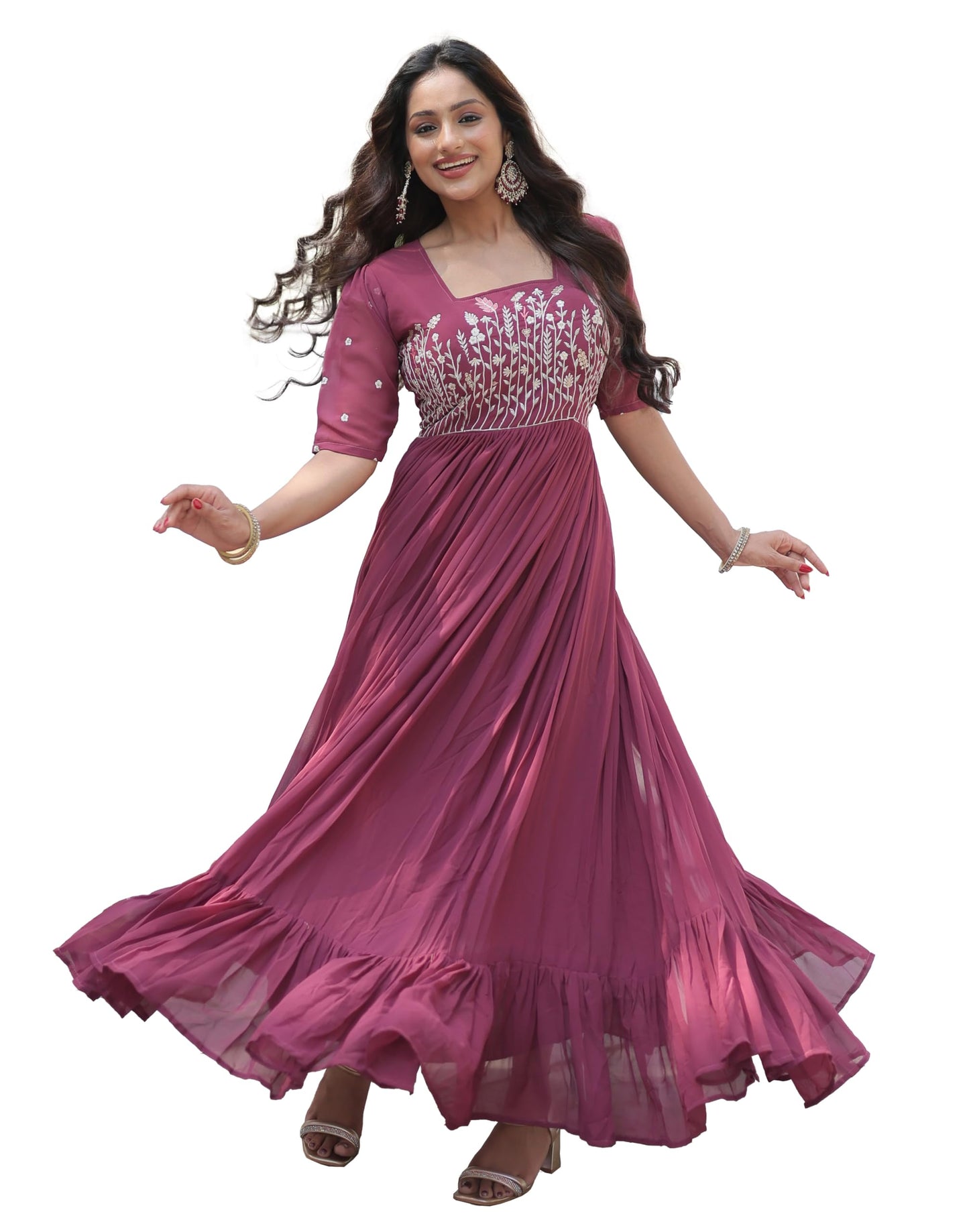Fashion Basket Georgette Anarkali Gown with Sequins and Embroidery for Women with Long Sleeves (Medium, Magenta)
