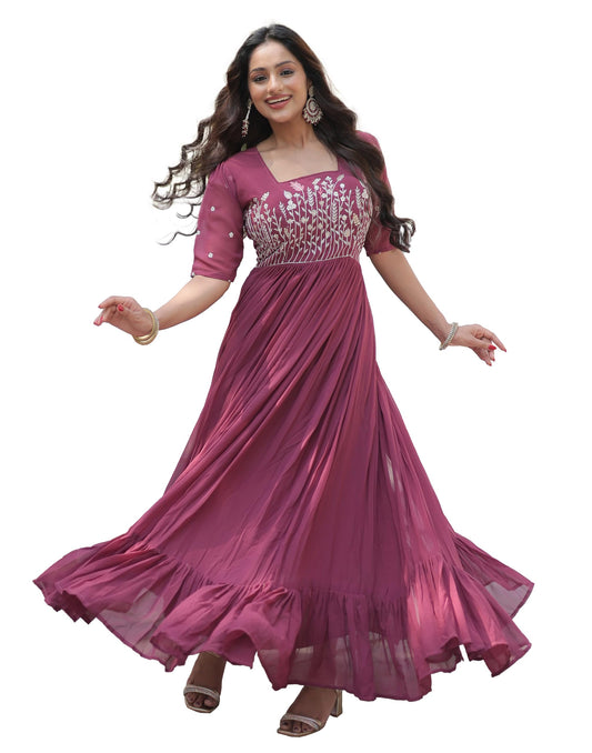 Fashion Basket Georgette Anarkali Gown with Sequins and Embroidery for Women with Long Sleeves (Medium, Magenta)