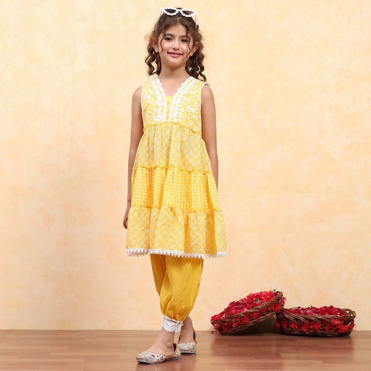 Biba Girl's Yellow Cotton Tiered Printed Kurta Salwar Set