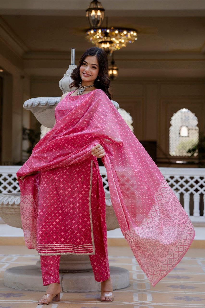 Modestouze Attires Women's Rayon Blend Floral Printed Salwar Suit Set | V Neck 3/4 Sleeve Calf Length Kurta and Dupatta with Print Pant | MAD-K166-PINK-M