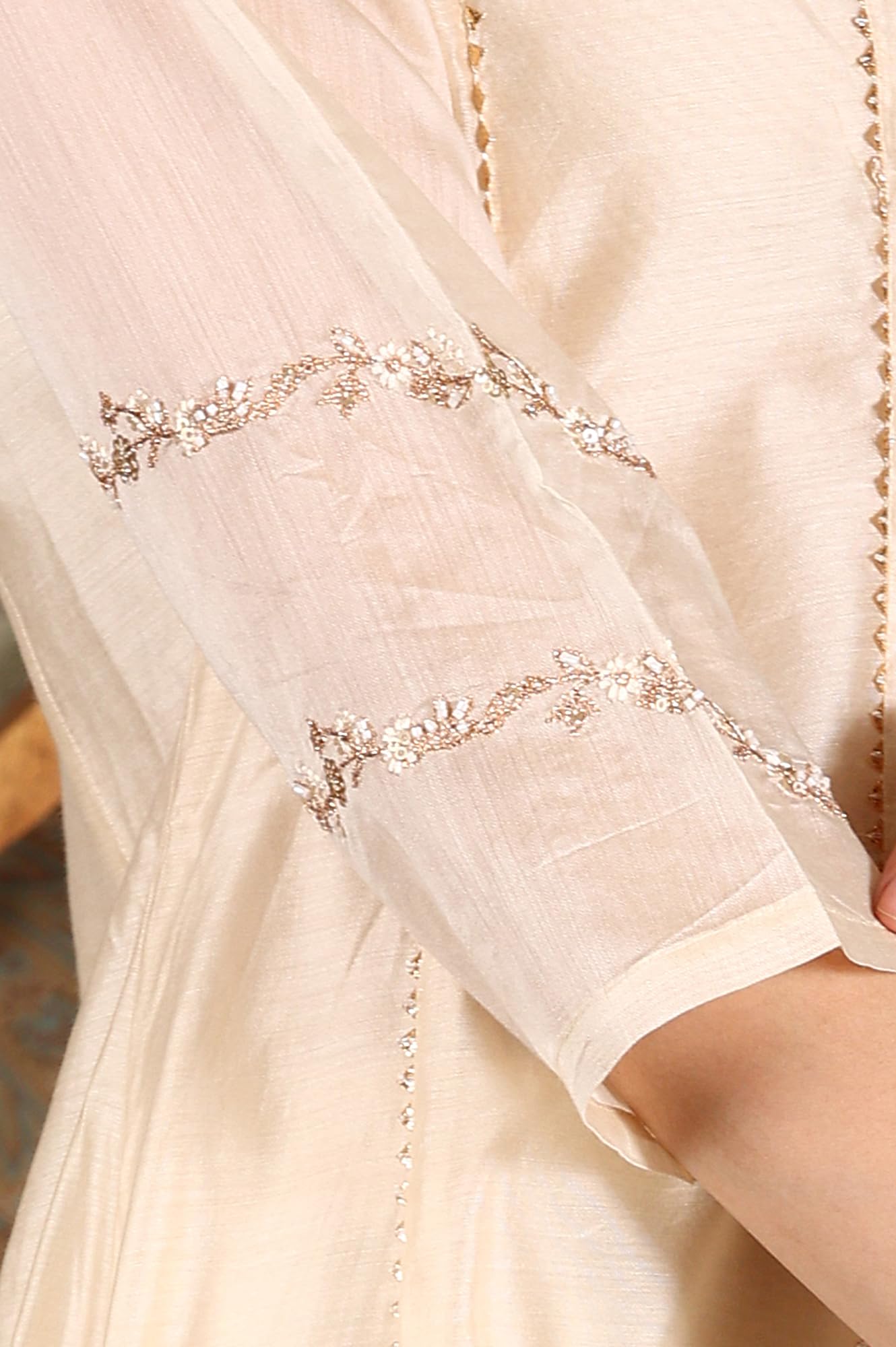 W for Woman Beige Embroidered Flared Chanderi Kurta, Pants and Dupatta Set (Size: XXL)-24AUWS11183-222326