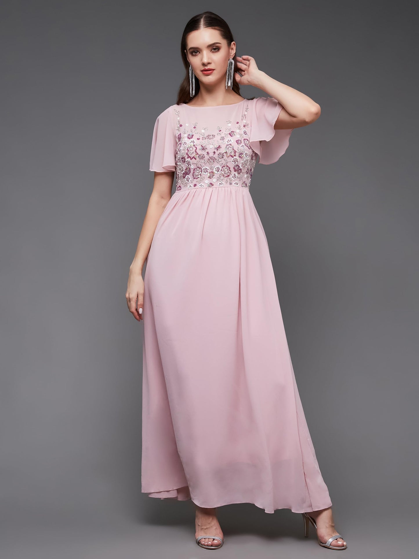 Miss Chase Women's Embellished Gathered Maxi Dress(MCSS23D98-31-199-05, Pink, L)