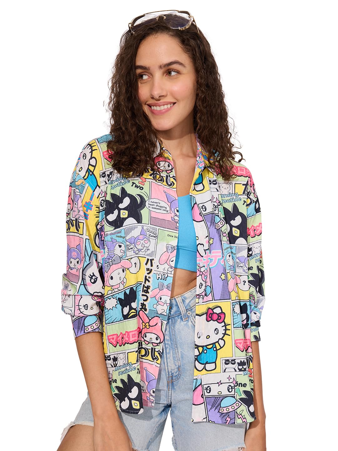 The Souled Store Official Hello Kitty: Kitty Power Women and Girls Long Sleeves Collared Neck Button Front Multicolor All Over Printed Polyester Boyfriend Shirts