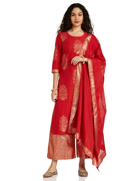 BIBA Women Cotton Printed Relaxed Salwar Kurta Dupatta(Skd7074_Red_36)