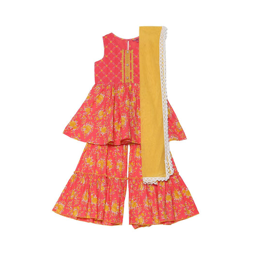Biba Girl's Cotton Kurta, Bottom, Dupatta (KWFLOD5921SS25PNK_Pink