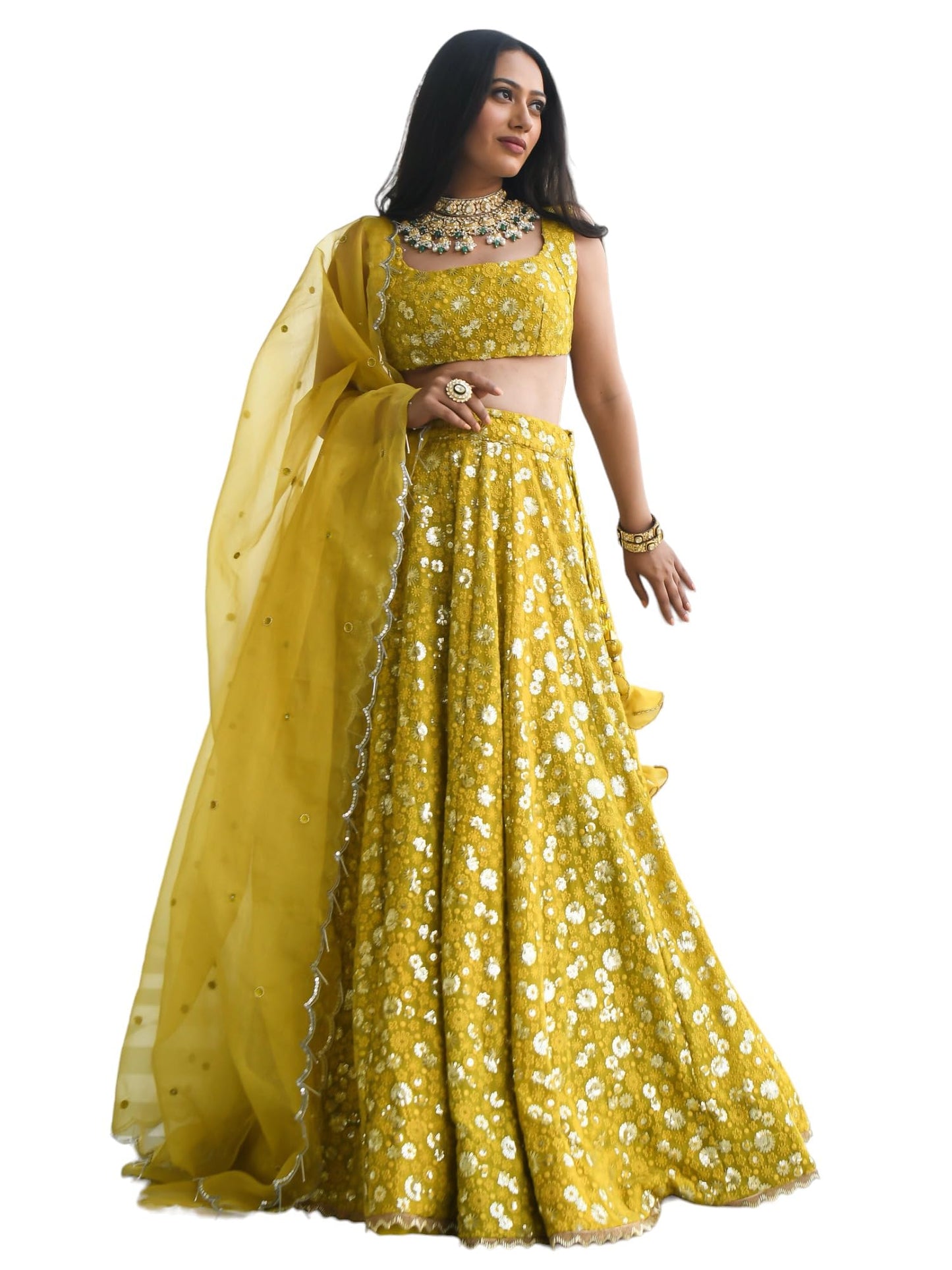 Zeel Clothing Women's Georgette Semi-Stitched Sequins Thread Embroidered Lehenga Choli With Dupatta (7084-Mehndi--Lehenga-Choli-Latest,Free size)